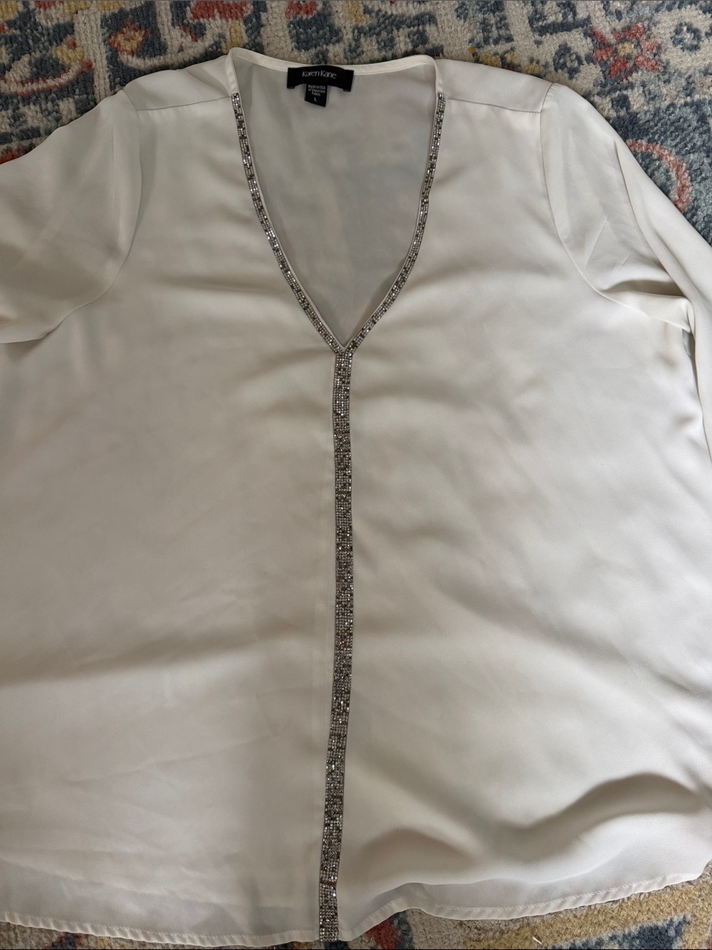 Absolutely Gorgeous Stunning Karen Kane Ivory Blouse with Silver Jeweled Trim
